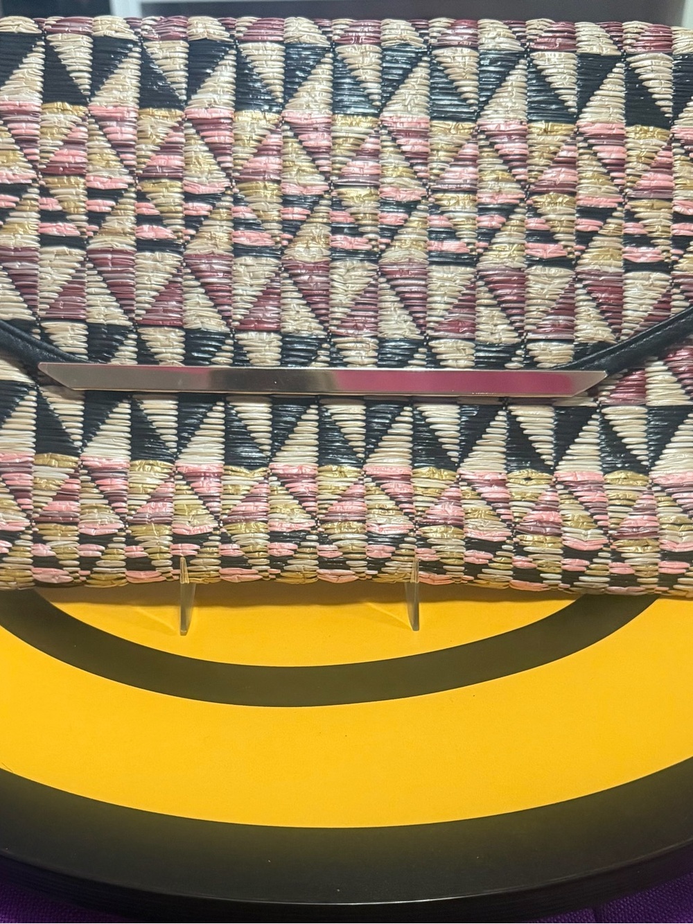 The Limited Geometric Woven Straw & Leather Envelope Clutch